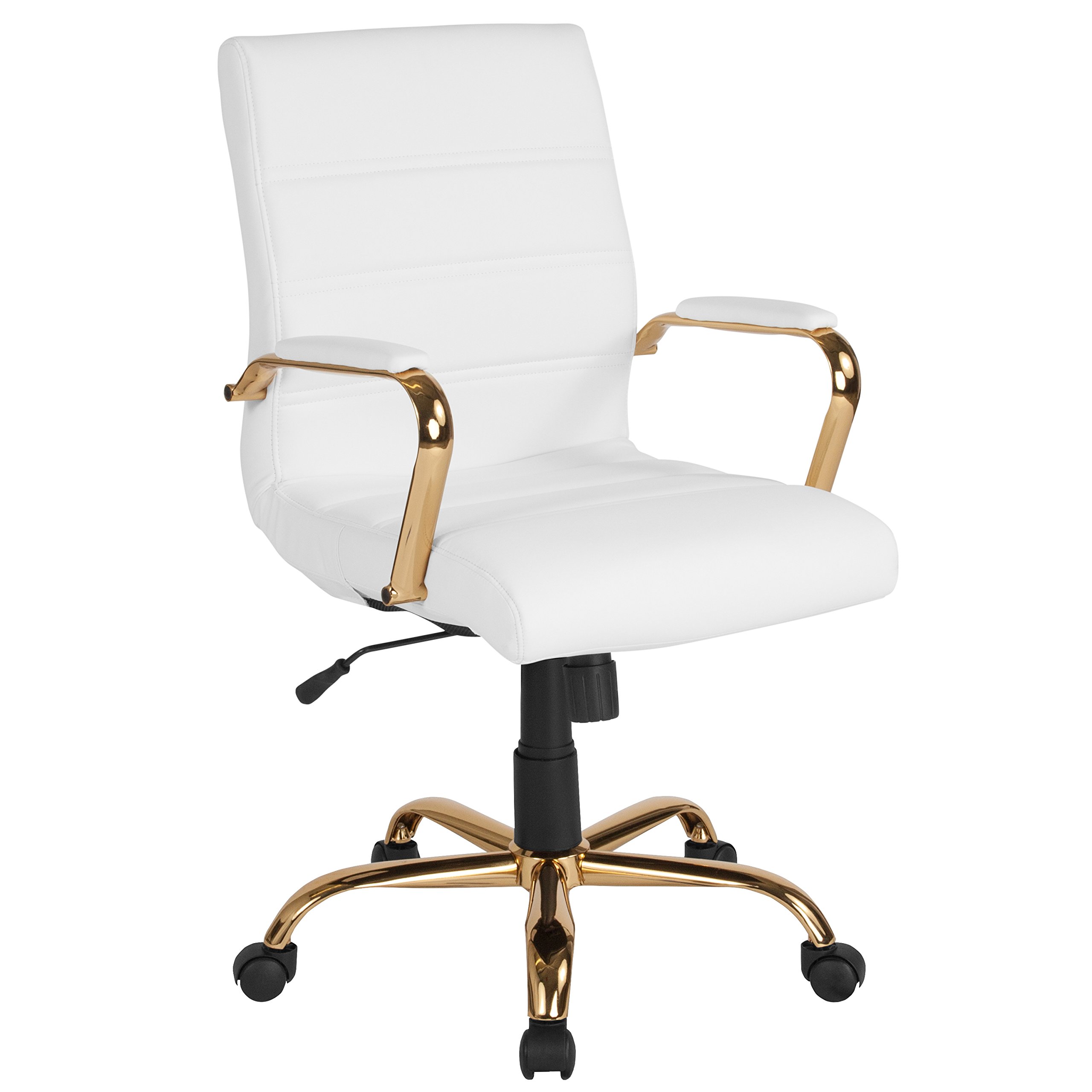Flash Furniture Mid-Back White LeatherSoft Executive Swivel Office Chair with Gold Frame and Arms