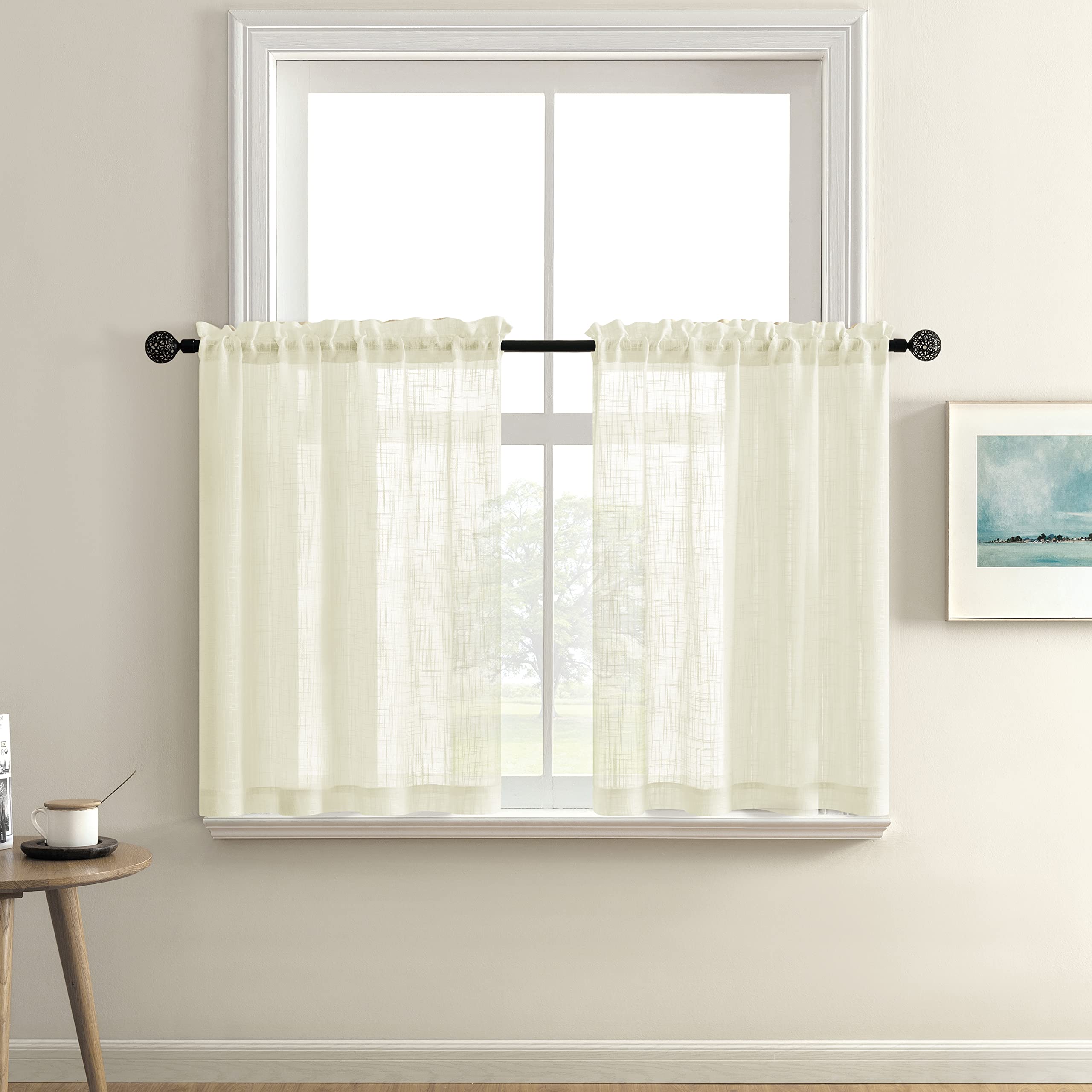 Semi Sheer Curtains Tier 24 Inch Length for 25'x24' Basement Window Set of 2 Panels Short Light Beige Off White Farmhouse Curtains for Dining Room Kitchen Bathroom Modern Boho Bedroom Decor Ivory