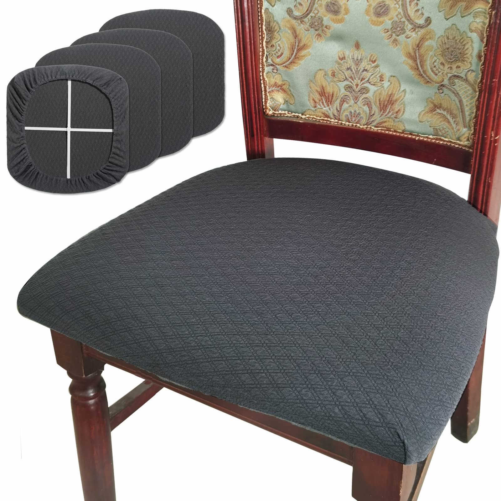 BUYUE Dining Room Chair Seat Covers Set of 4, TPU not Mixed, Friendly Jacquard Fabric Stretch Washable Slipcover for Kitchen Seat Cushions, Grey-4PCS