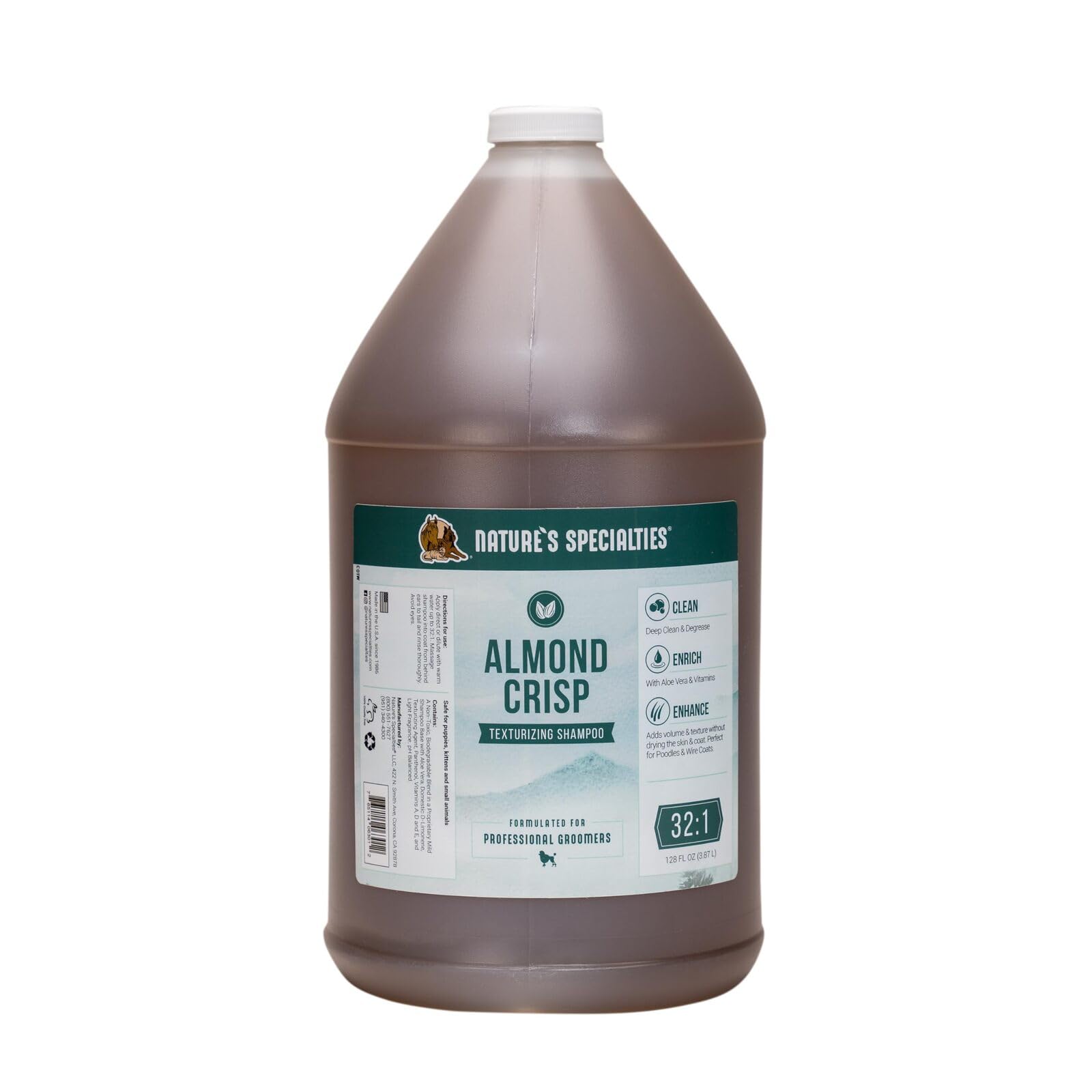 Nature's Specialties Almond Crisp Ultra Concentrated Dog Shampoo for Pets, Makes up to 32 Gallons, Natural Choice for Professional Groomers, Texturizing and Volumizing, Made in USA, 1 gal
