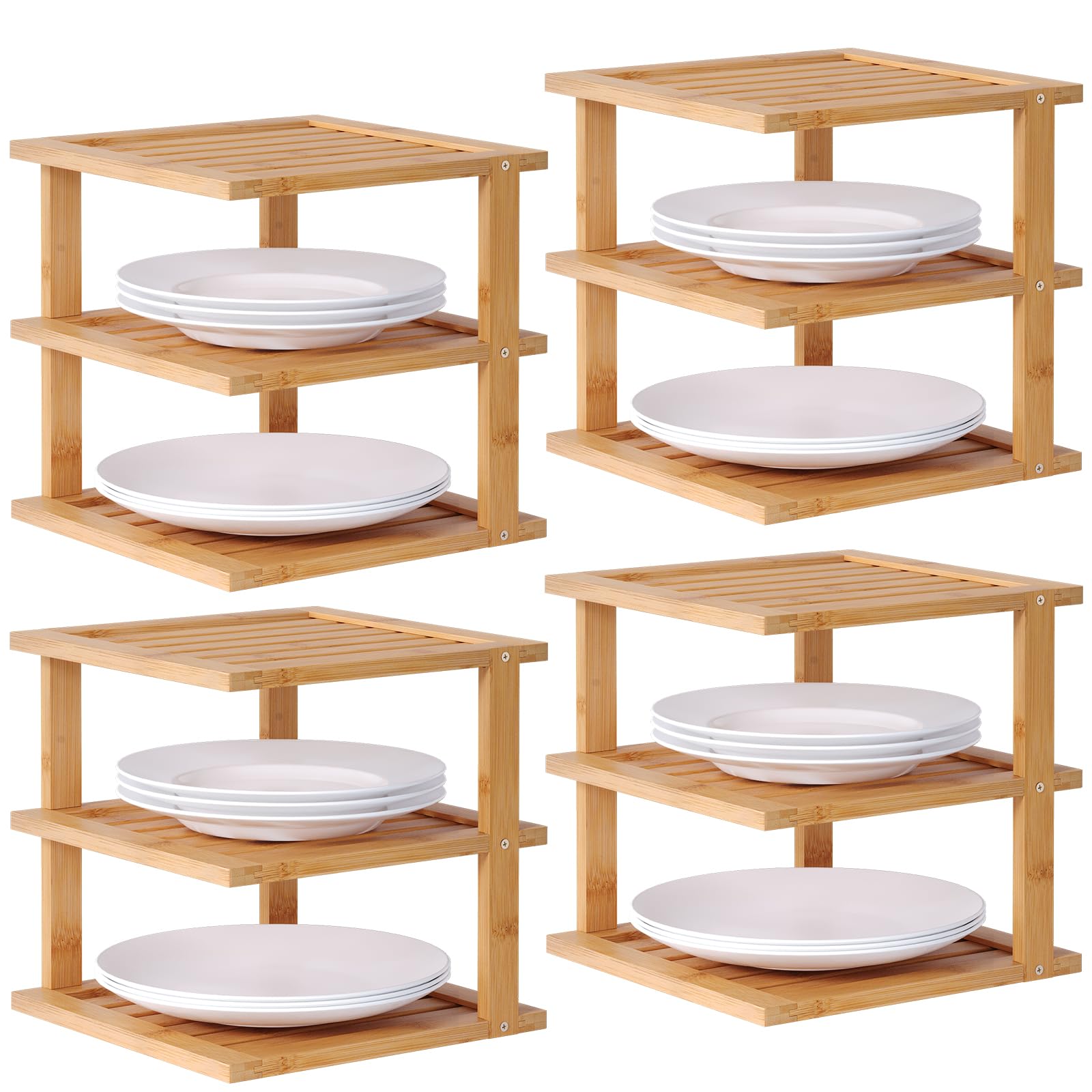 Danfoxer 4 Pack Bamboo Corner Shelf,3 Tier Kitchen Cabinet Organizer for Plates and Dishes,Pantry Storage and Spice Rack(Natural)
