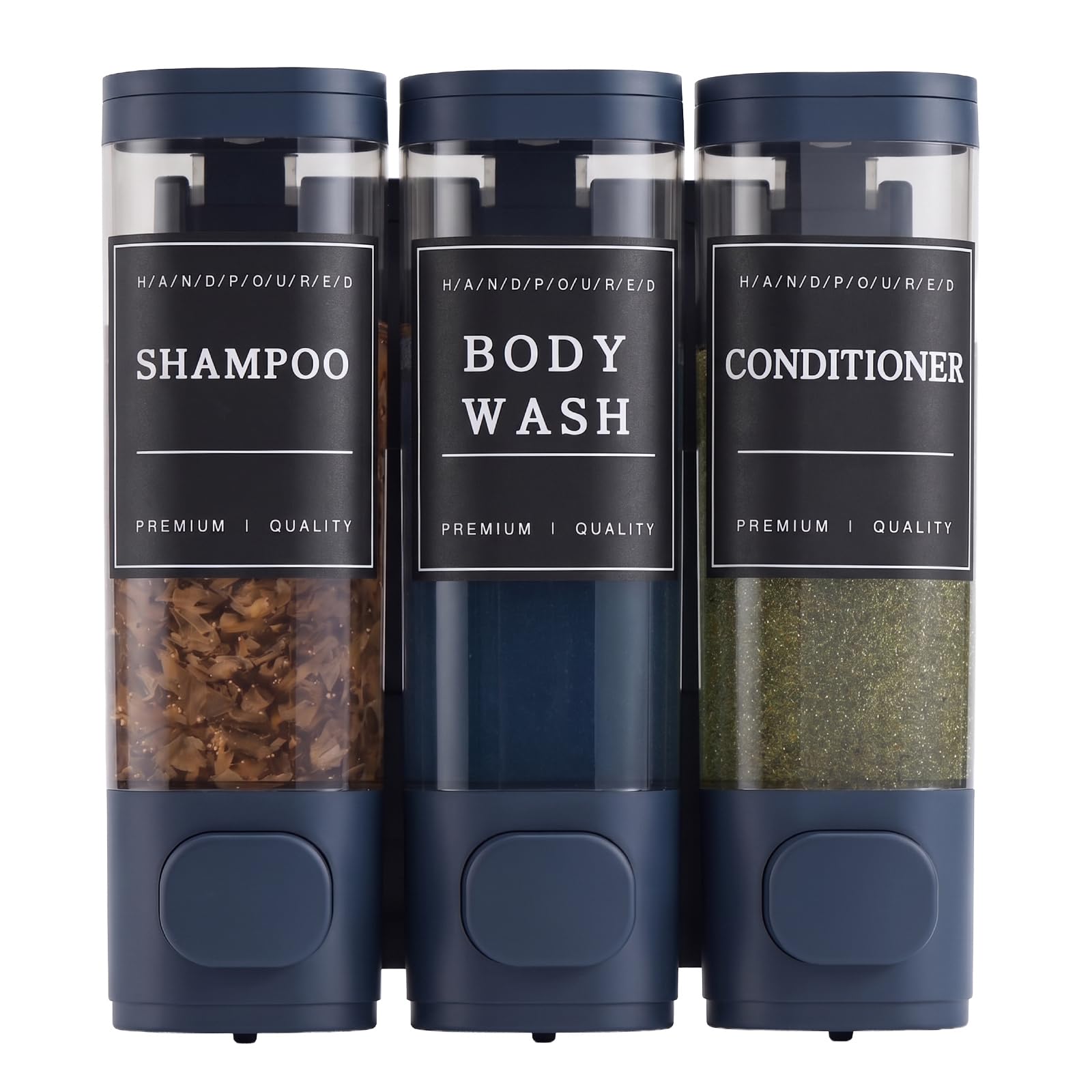 Shampoo and Conditioner Dispenser,Shower Soap Dispenser 3 Chamber No Drill Wall-Mounted for Bathroom & Hotel Leak-Proof Pumps, for Thick Liquids Like Conditioner - 1050ML High Capacity, Dark Blue