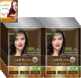 Herbishh Hair Color Shampoo for Gray Hair - Hair Dye Shampoo with Argan Hair Mask–Travel size-Colors Hair in Minutes–Long lasting colour–10pack+1pack–Ammonia-Free (Dark Brown)